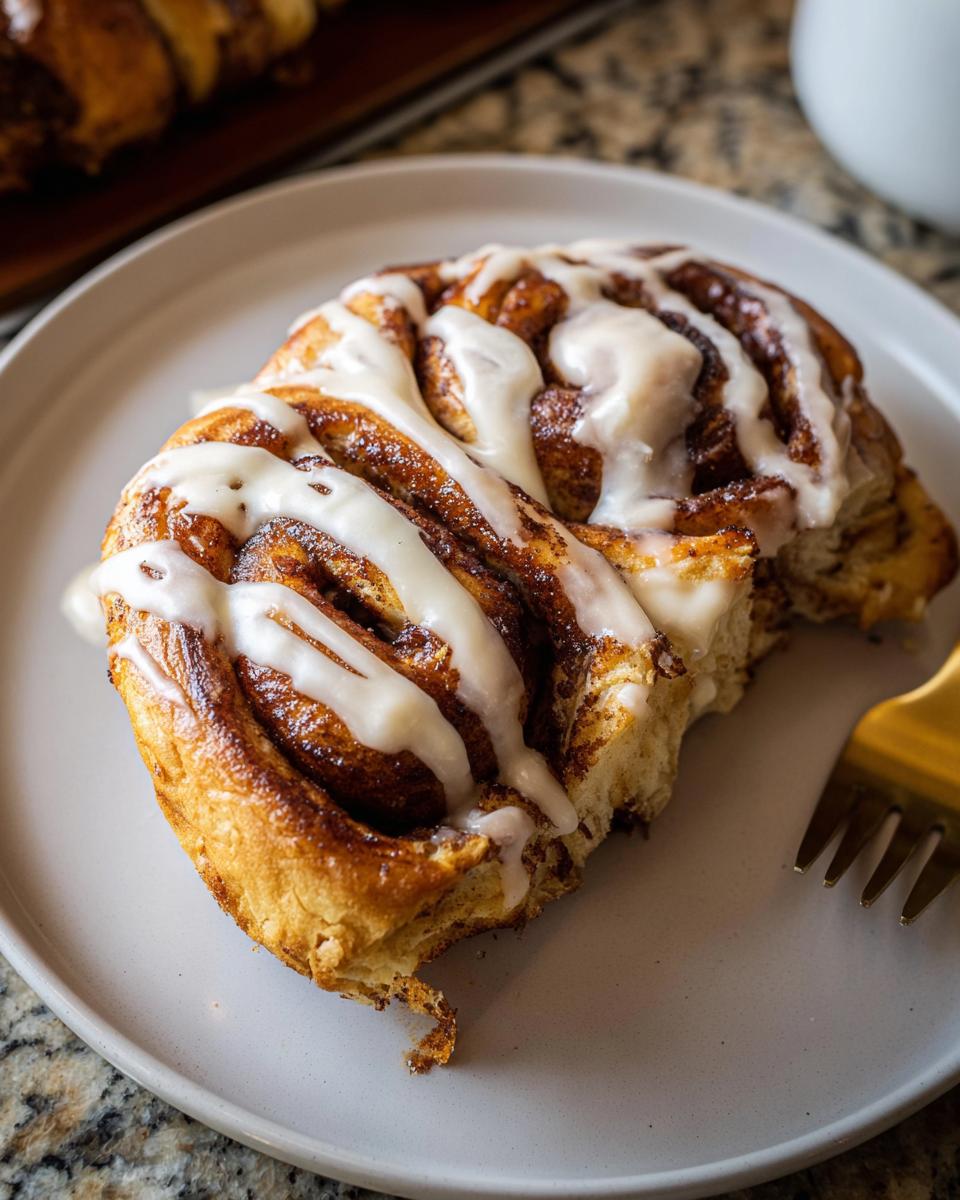 A slice of high-protein cinnamon roll bread with cottage cheese, drizzled with white icing and a fork on the side.