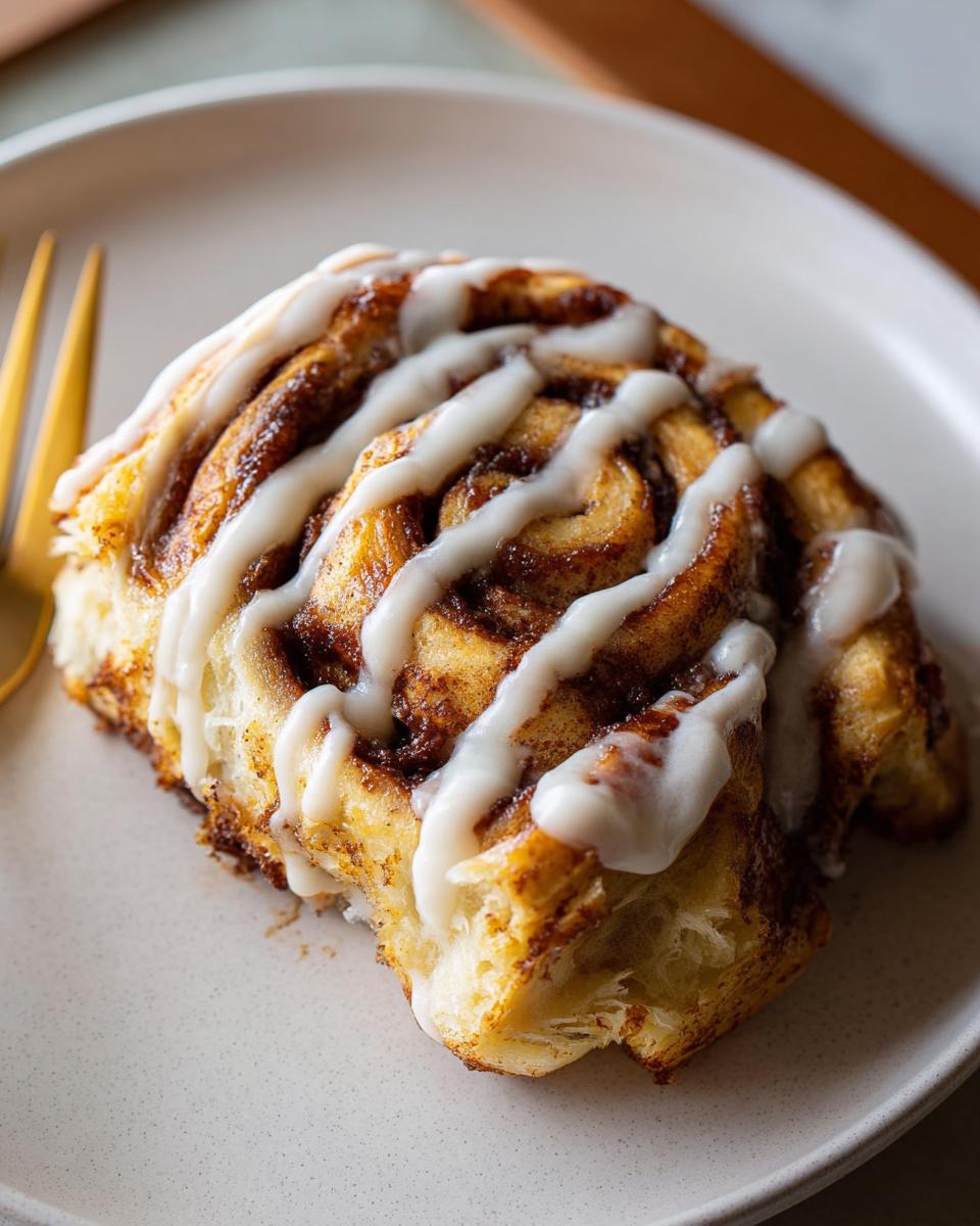 A close-up of a slice of High-Protein Cinnamon Roll Bread, drizzled with white icing.