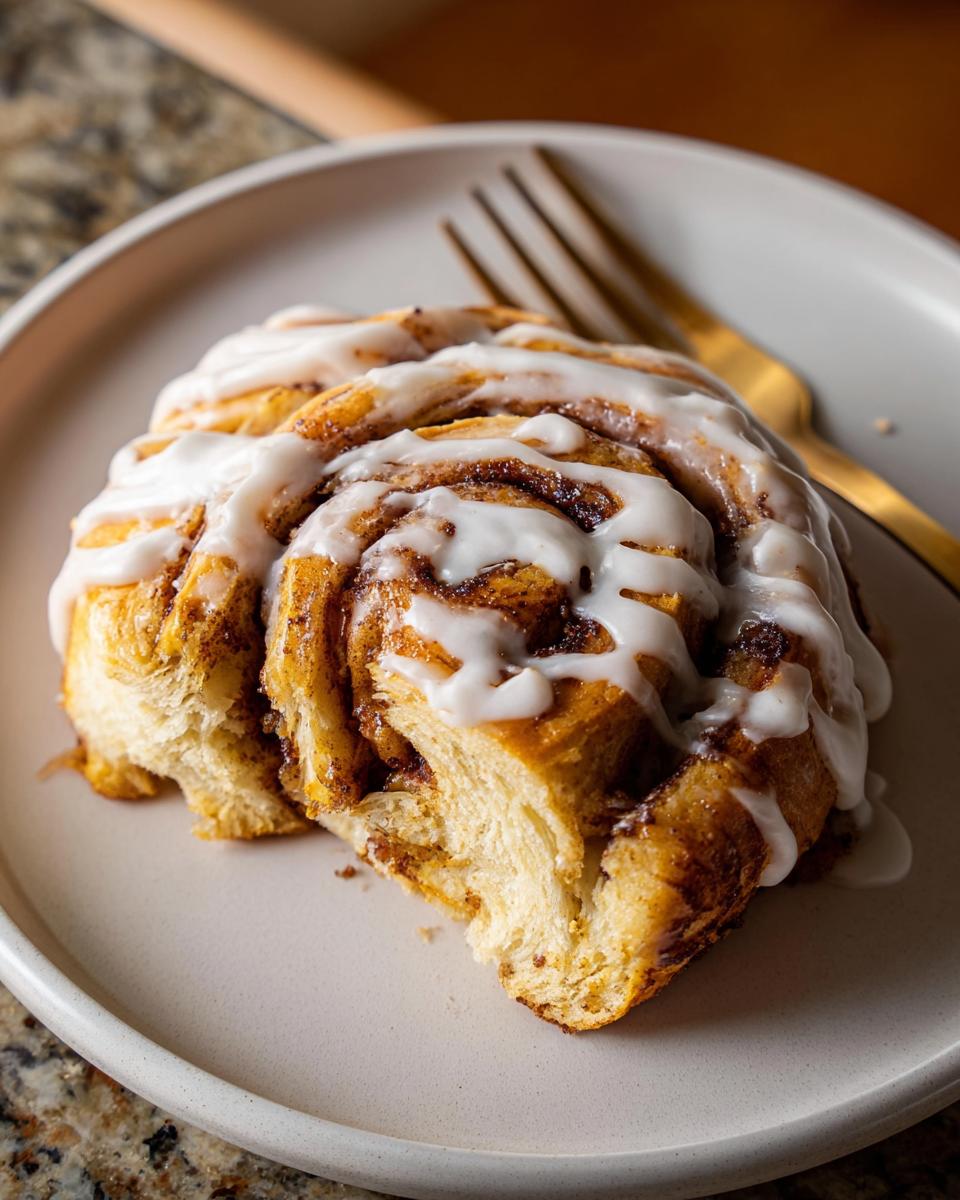 A close-up of a slice of high-protein cinnamon roll bread, drizzled with white icing.