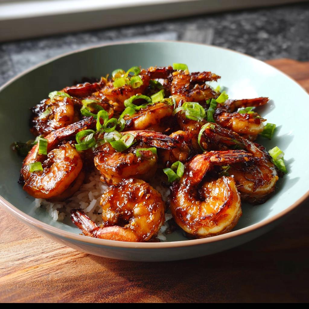 A close-up of a bowl filled with fluffy white rice topped with glistening High-Protein Honey Garlic Shrimp and chopped green onions.