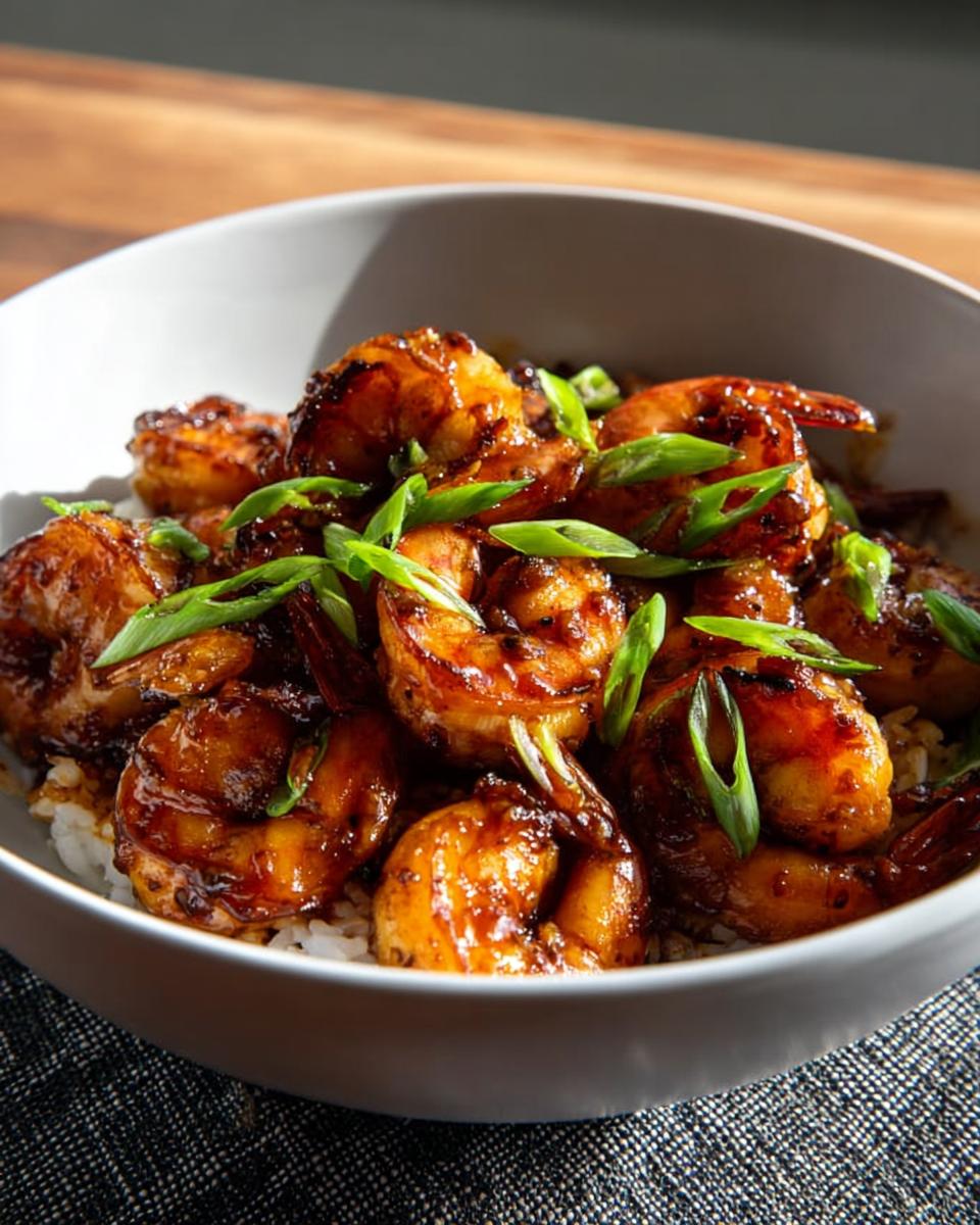 A bowl of glistening High-Protein Honey Garlic Shrimp served over white rice and garnished with chopped green onions.