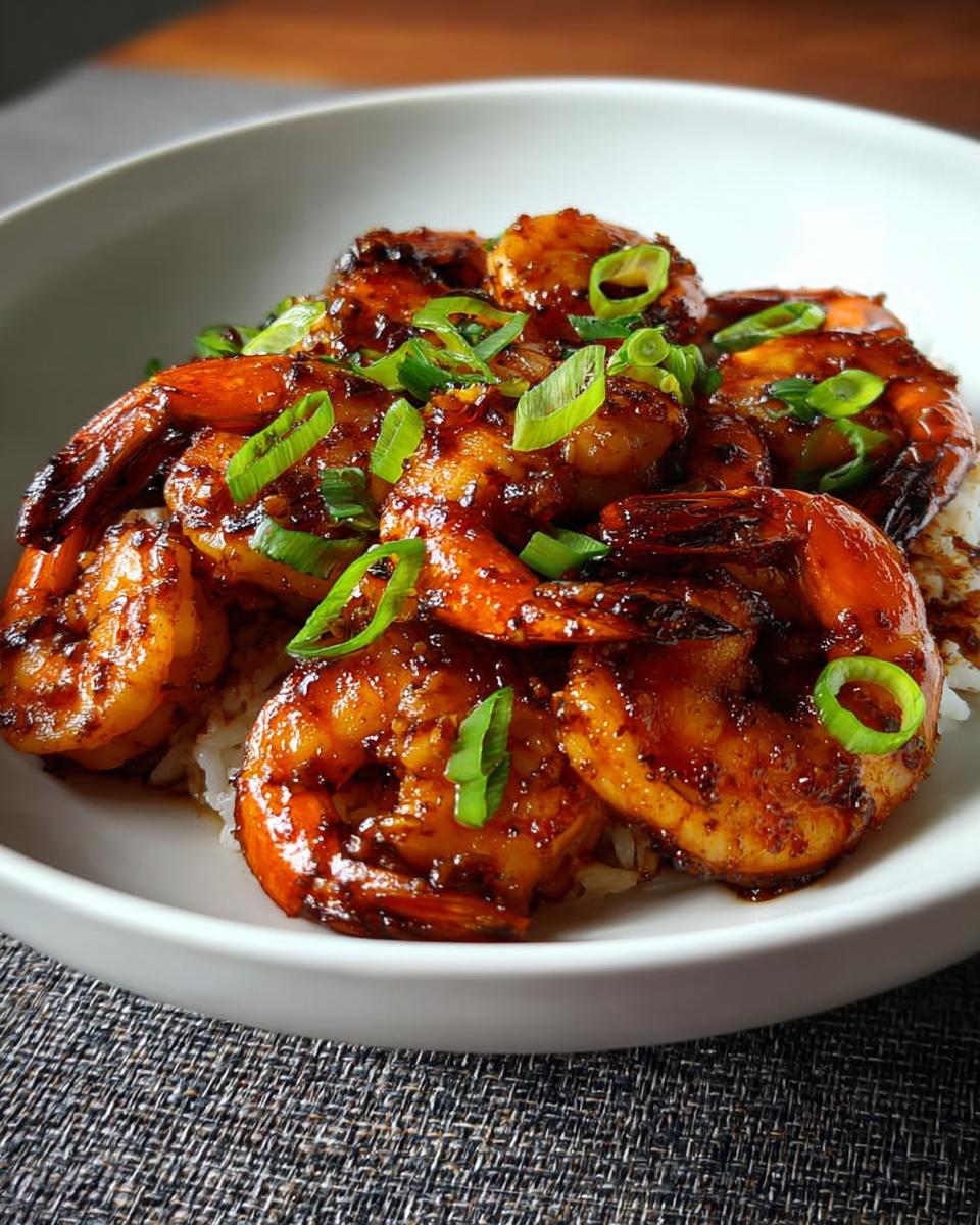 A bowl of glistening High-Protein Honey Garlic Shrimp served over white rice and garnished with chopped green onions.