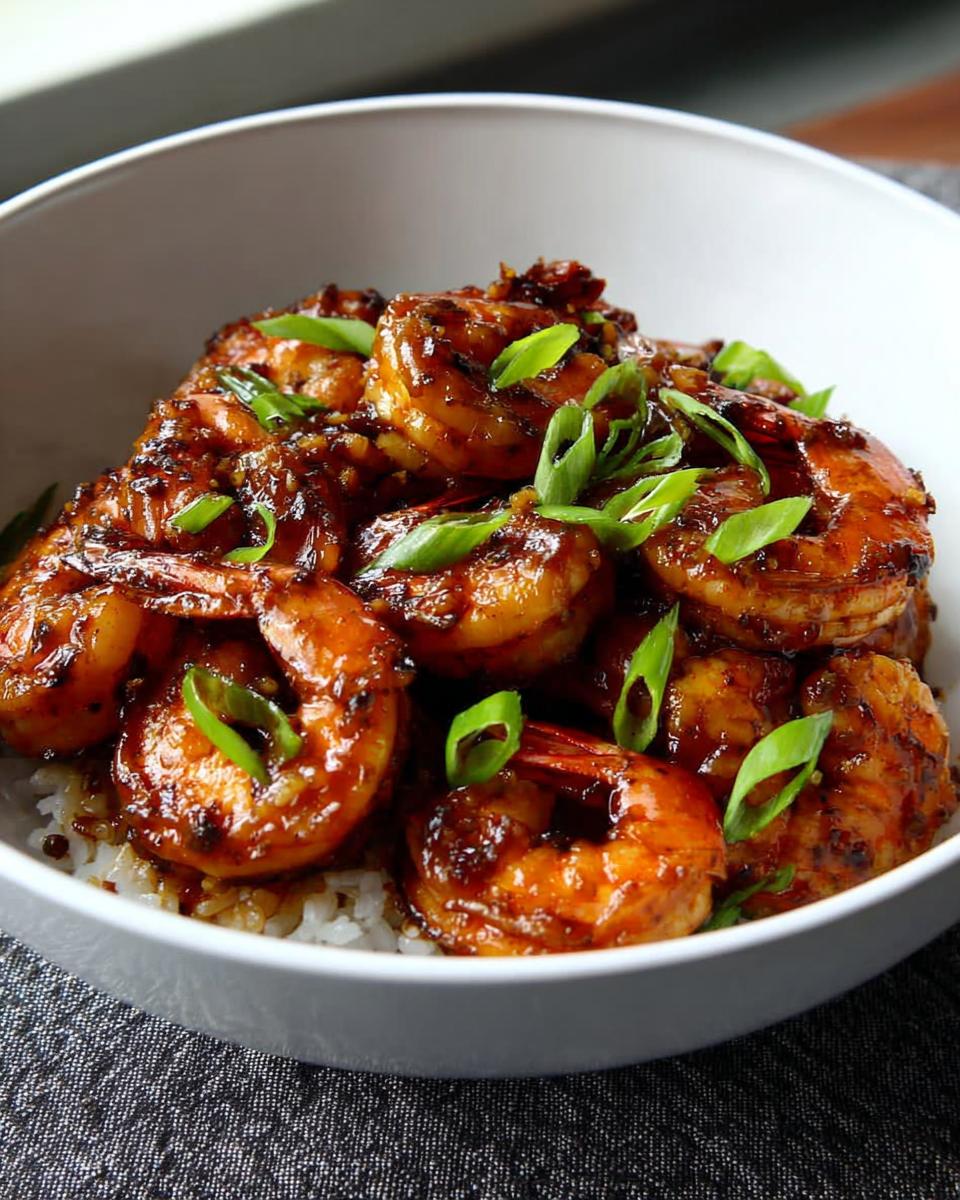 A bowl of glistening High-Protein Honey Garlic Shrimp served over white rice and garnished with chopped green onions.