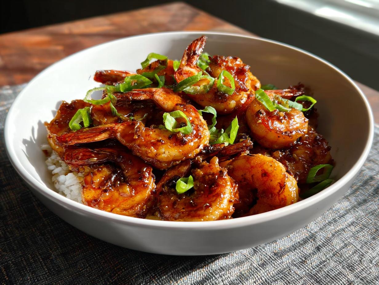 A bowl of glistening High-Protein Honey Garlic Shrimp served over white rice and garnished with chopped green onions.