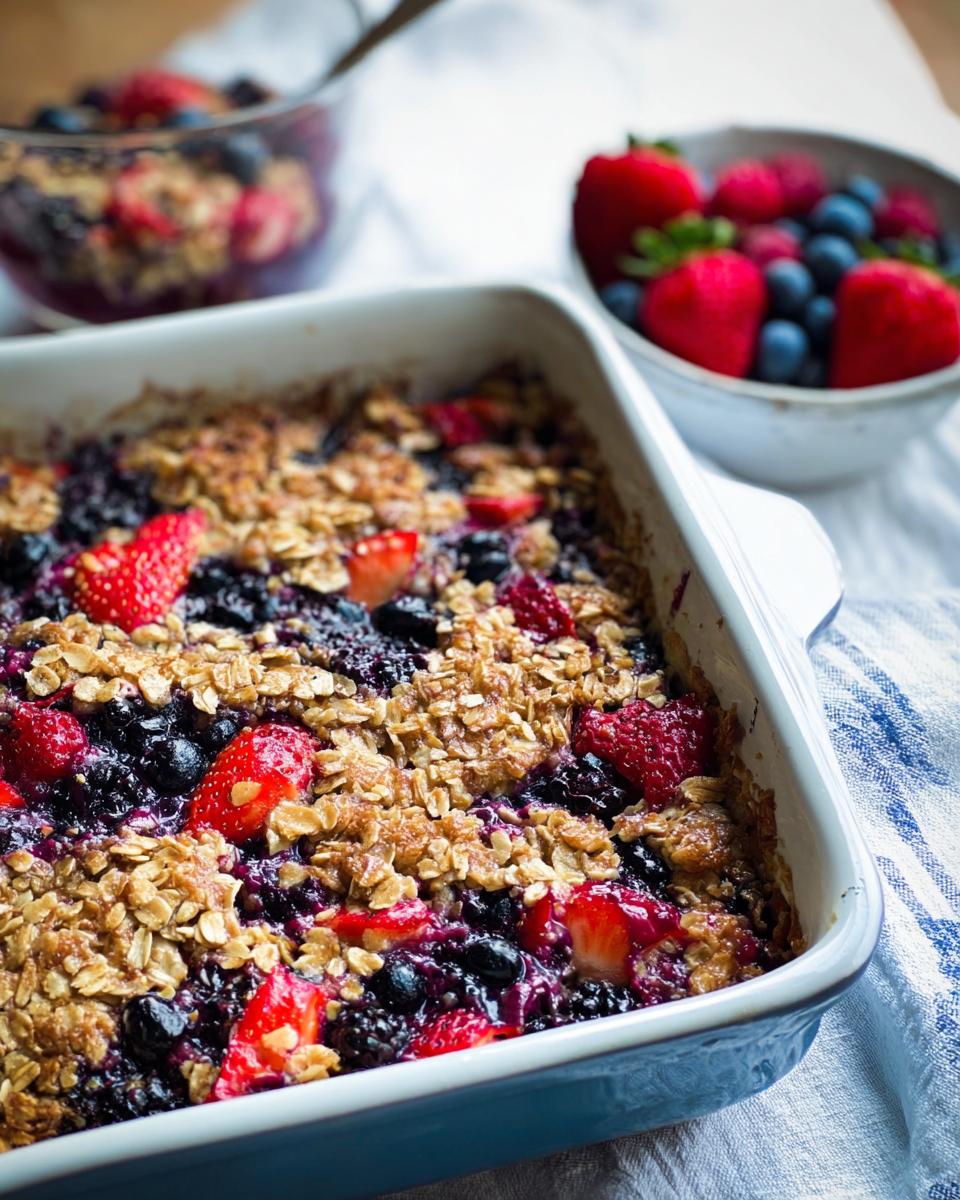 Close-up of a High Protein Triple Berry Bake in a blue baking dish, topped with oats and fresh berries.