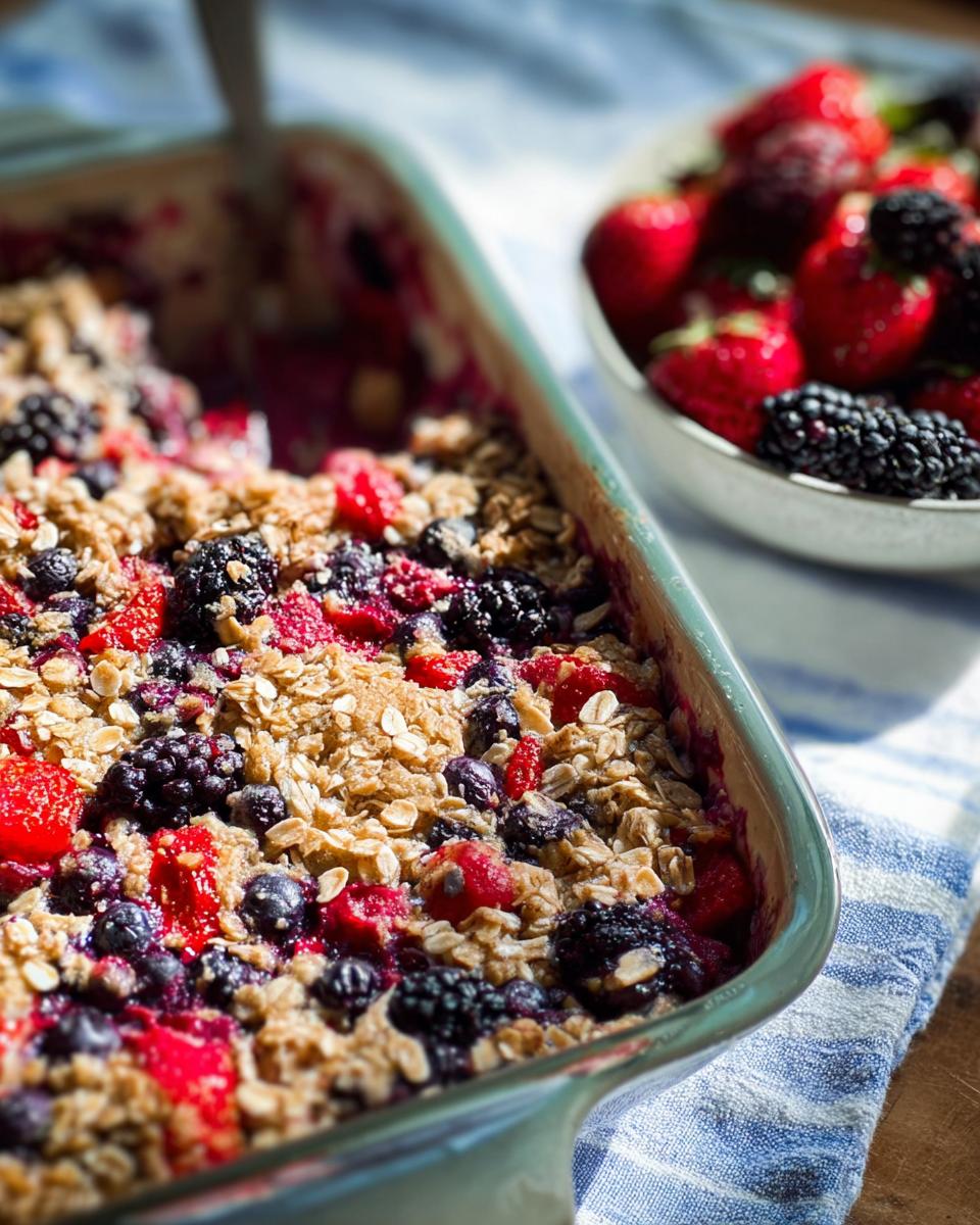 A close-up of a High Protein Triple Berry Bake in a baking dish, topped with oats and berries.