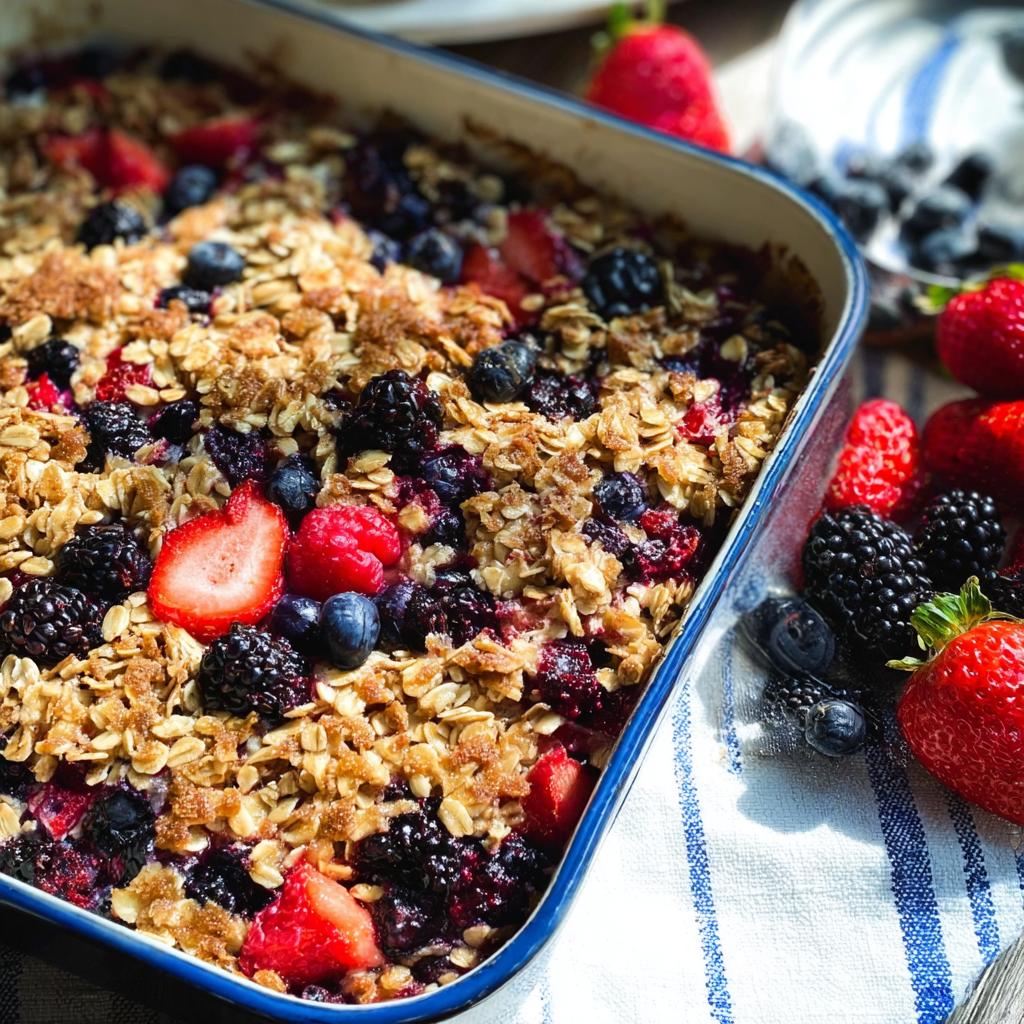 A close-up of a High Protein Triple Berry Bake in a baking dish, topped with oats and fresh berries.