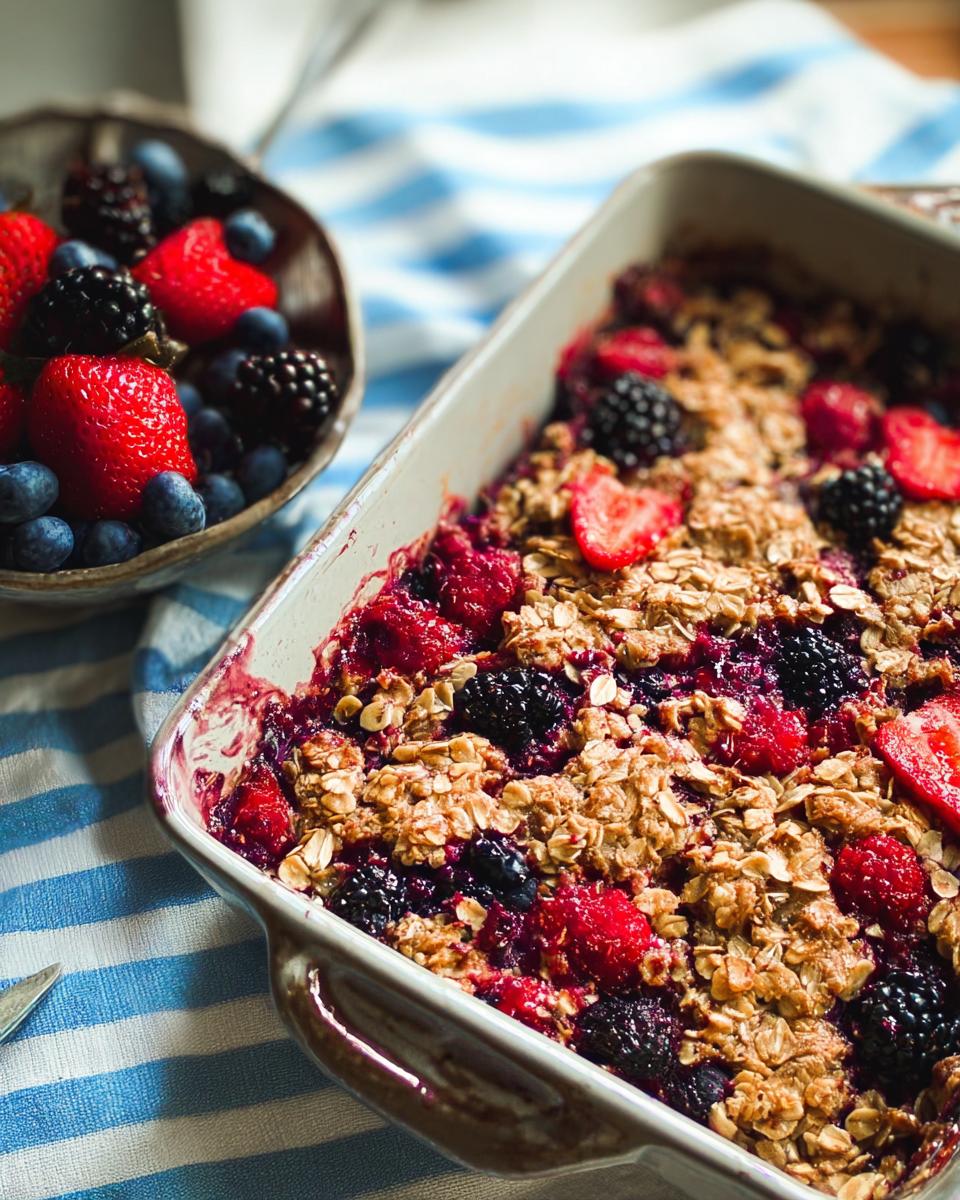 A freshly baked High Protein Triple Berry Bake in a rectangular dish, topped with oats and bursting with berries.