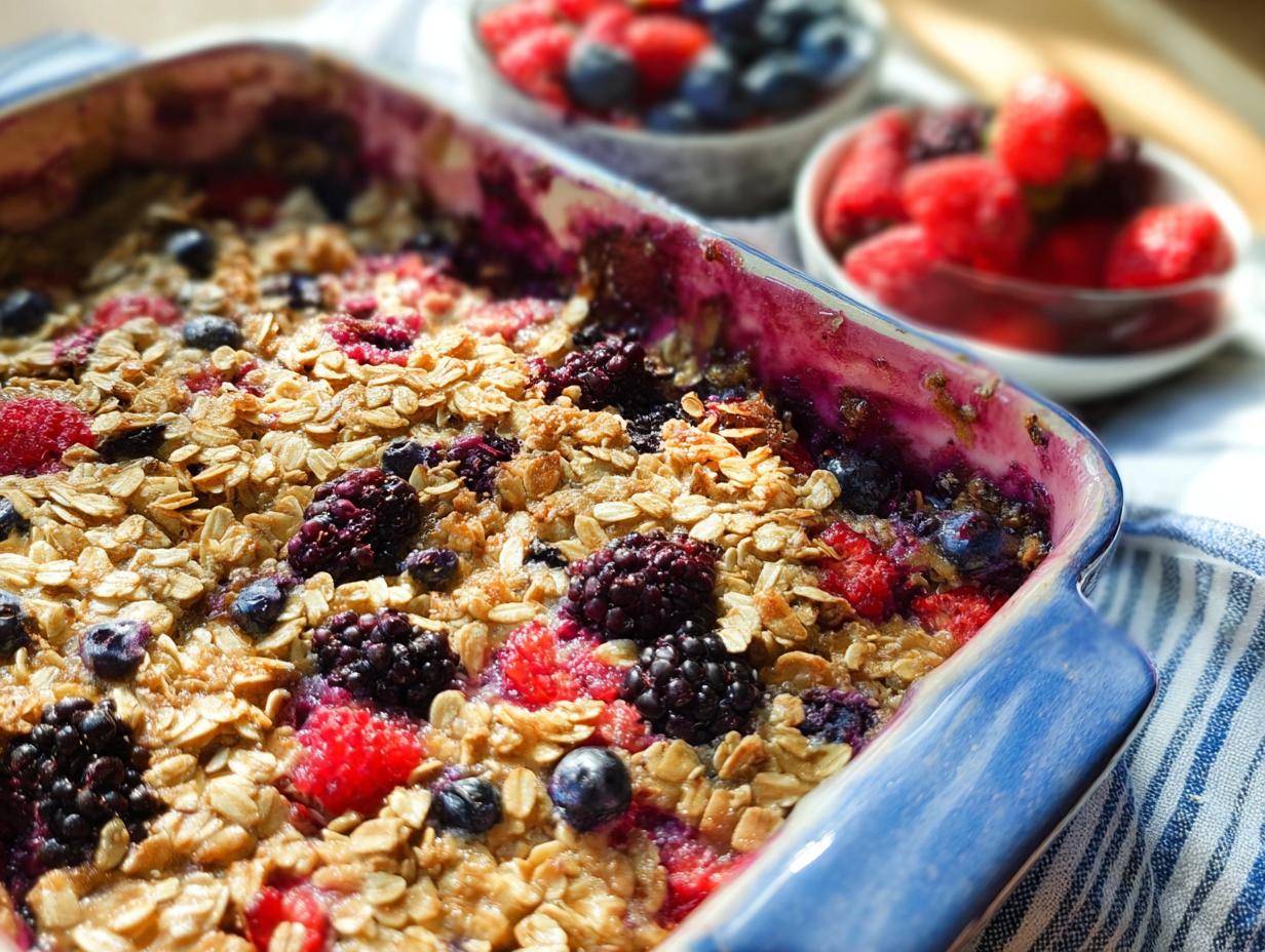 A close-up of a High Protein Triple Berry Bake in a blue dish, topped with oats and mixed berries.