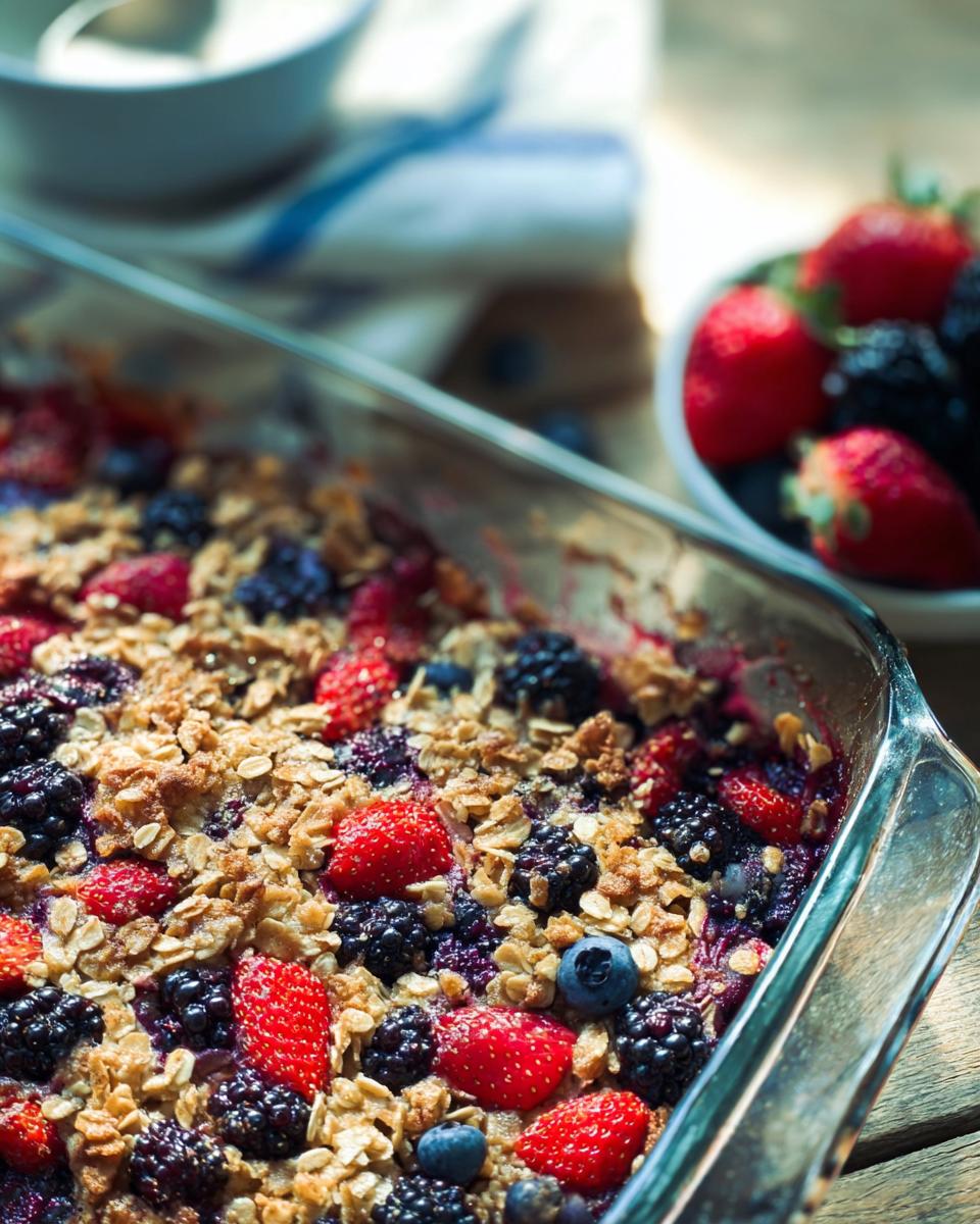 A close-up of a High Protein Triple Berry Bake in a glass dish, topped with oats and fresh berries.