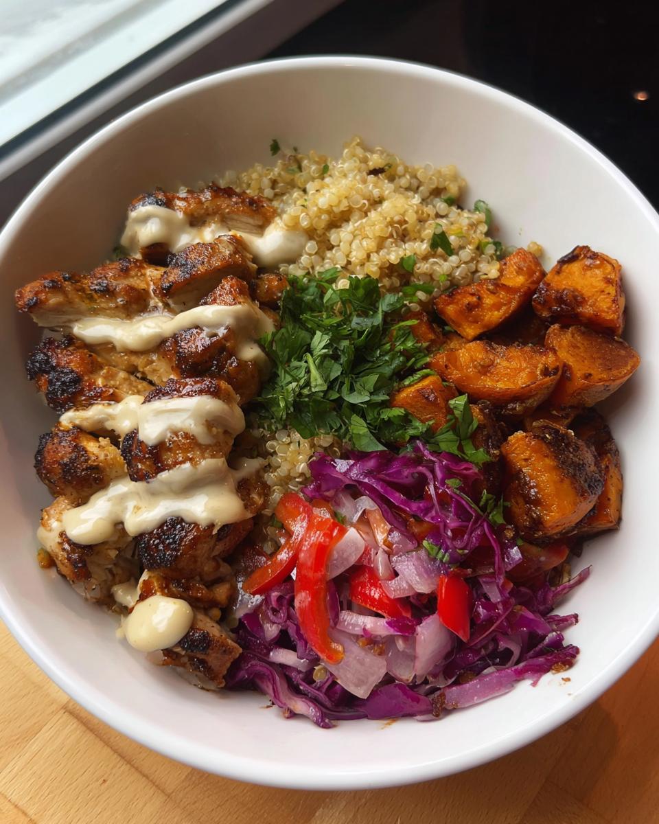 A delicious Hot Honey Chicken Bowl featuring grilled chicken, quinoa, roasted sweet potatoes, and a fresh slaw.