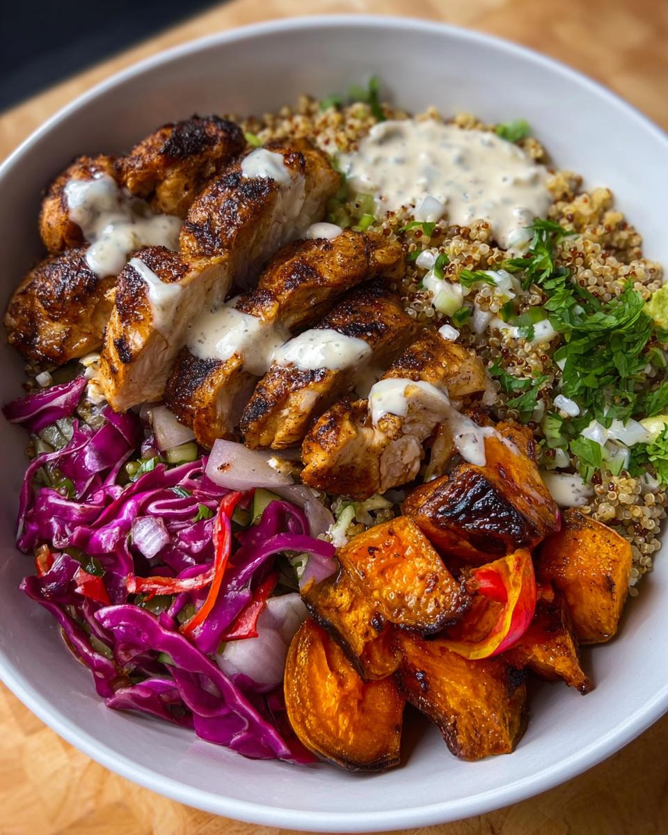 A delicious Hot Honey Chicken Bowl featuring grilled chicken, quinoa, roasted sweet potatoes, and red cabbage salad.