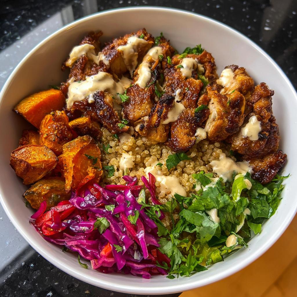 A vibrant Hot Honey Chicken Bowl featuring crispy chicken, quinoa, roasted sweet potatoes, red cabbage slaw, and fresh herbs.