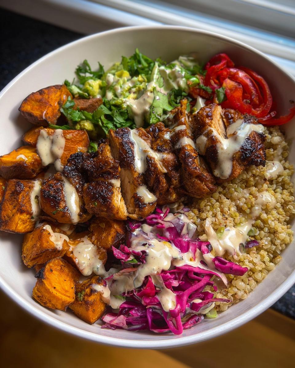 A vibrant Hot Honey Chicken Bowl filled with sliced chicken, roasted sweet potatoes, quinoa, and a colorful slaw, drizzled with sauce.