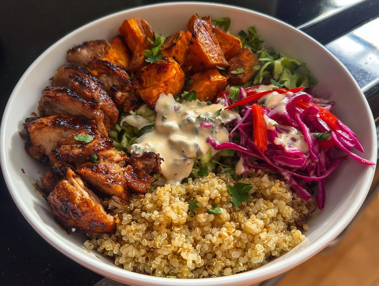 A delicious Hot Honey Chicken Bowl featuring sliced chicken, roasted sweet potatoes, quinoa, and a vibrant slaw with dressing.