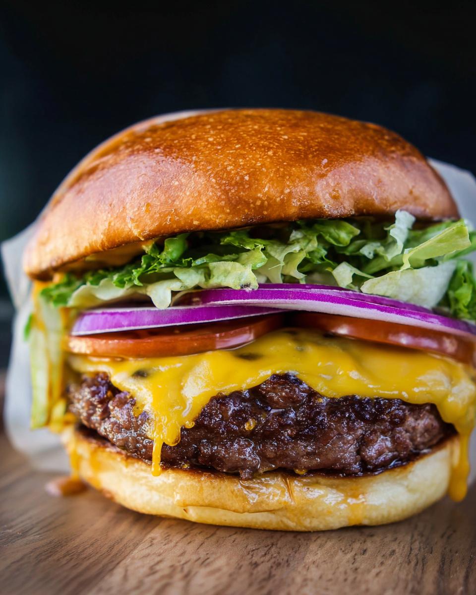 A close-up of an irresistible smash burger with melted cheese, fresh lettuce, red onion, and tomato on a toasted bun.