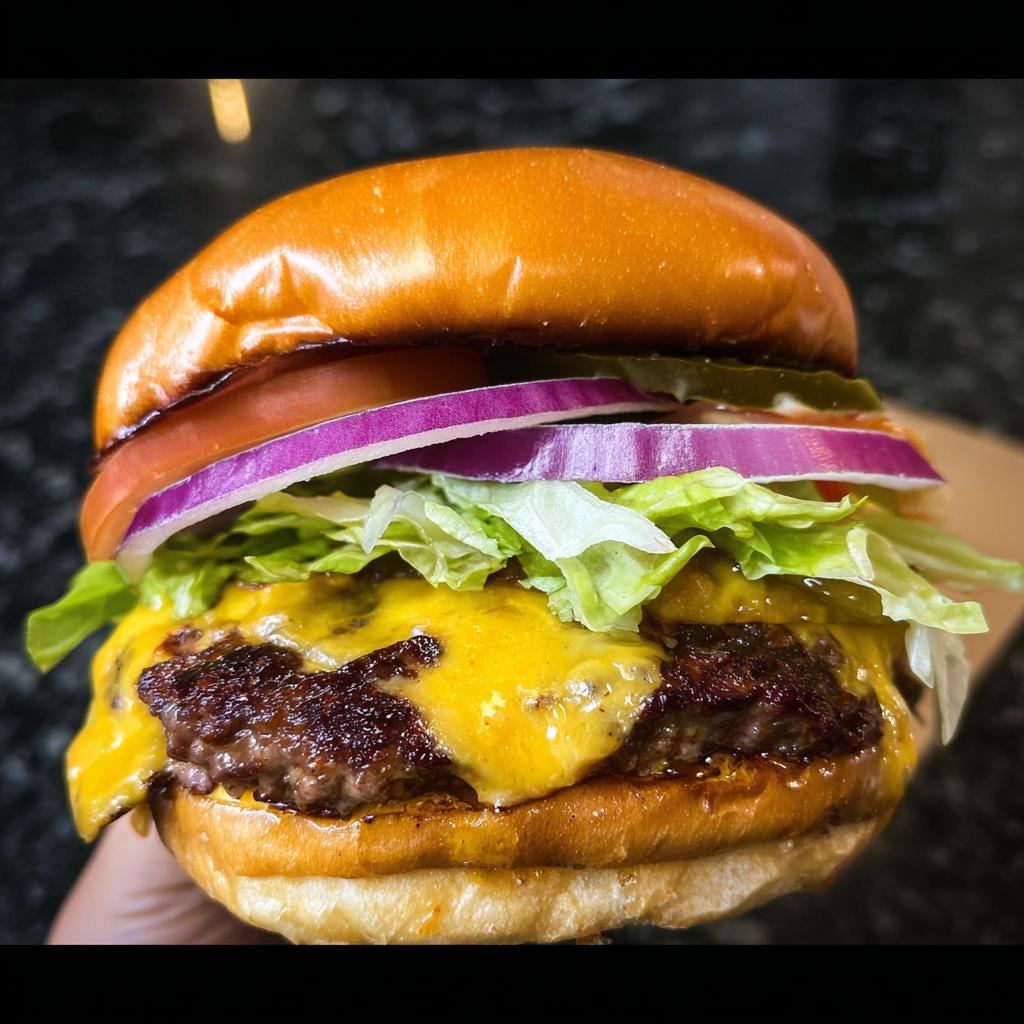 Close-up of an irresistible smash burger with melted cheese, fresh lettuce, tomato, red onion, and pickles.
