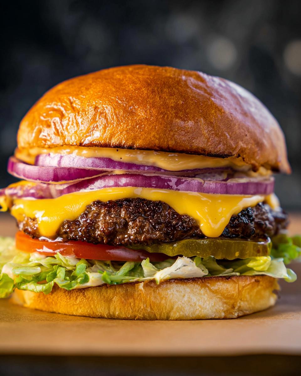 A juicy, layered smash burger with melted cheese, red onion, tomato, lettuce, and pickles on a toasted bun.