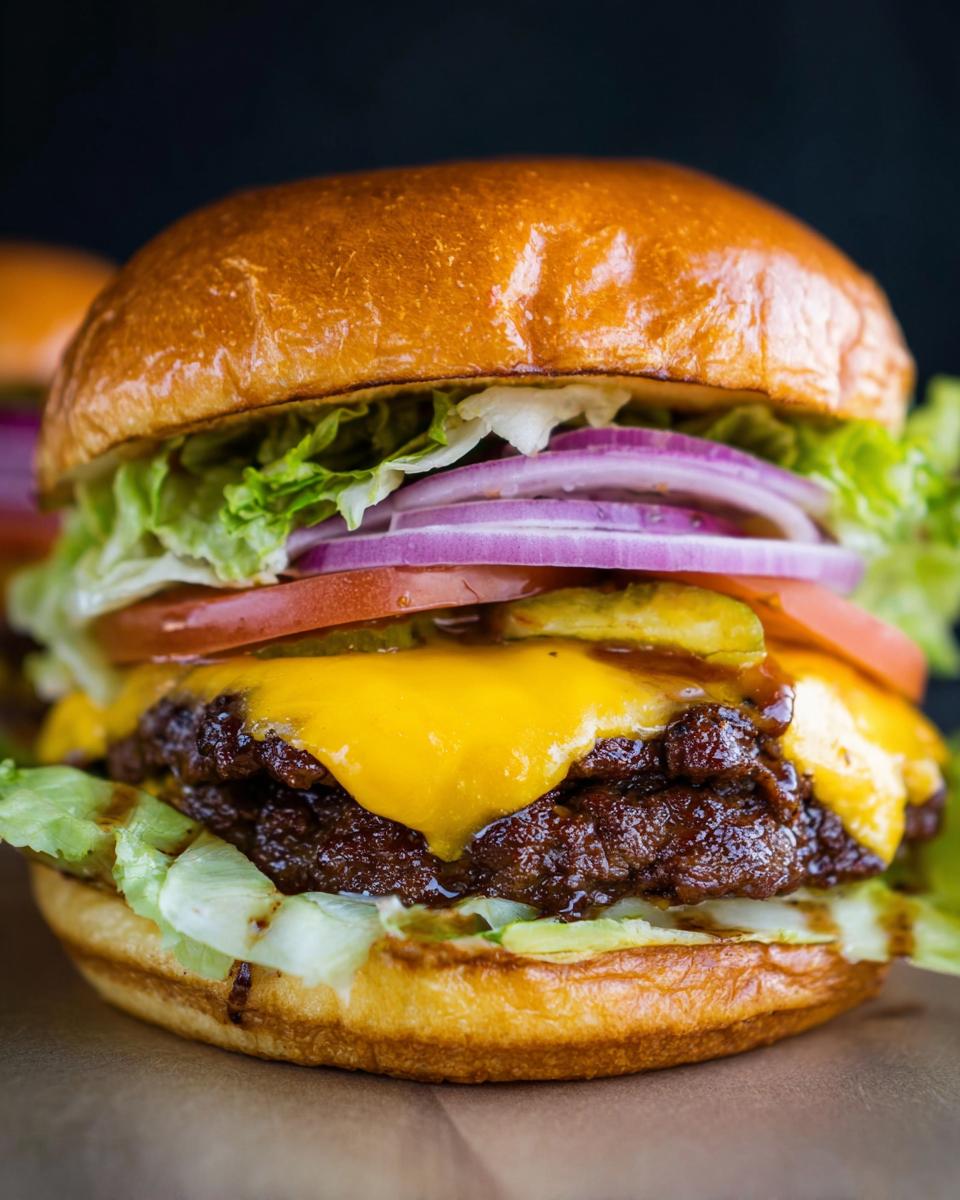 A close-up of an irresistible smash burger with melted cheese, fresh lettuce, tomato, onion, and pickles.