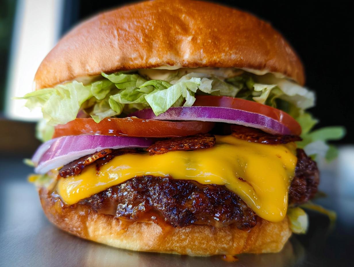 Close-up of an irresistible smash burger with melted cheese, lettuce, tomato, onion, and crispy bacon.