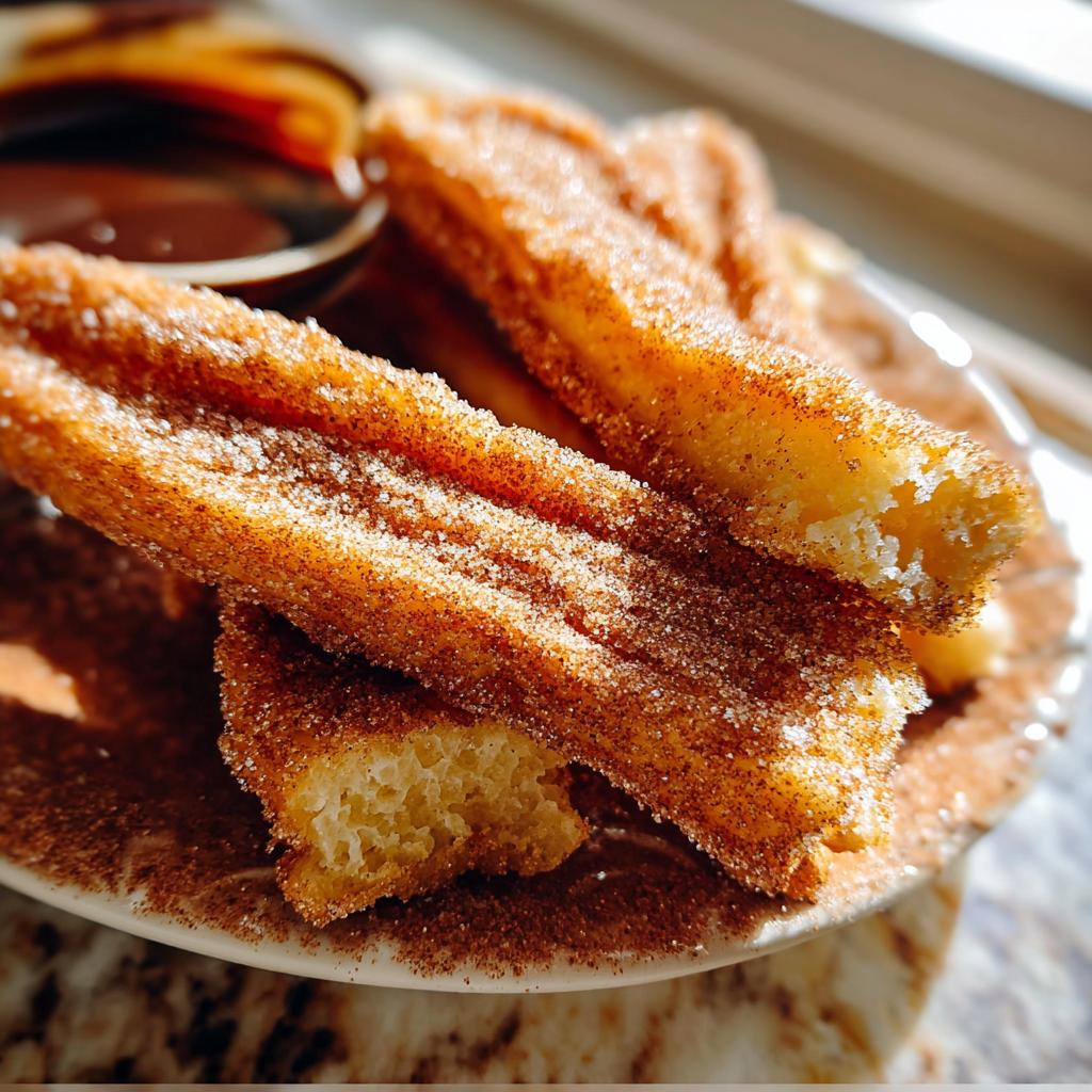 Close-up of Irresistible Spanish Churro Pancakes dusted with cinnamon sugar, served with a side of chocolate dipping sauce.