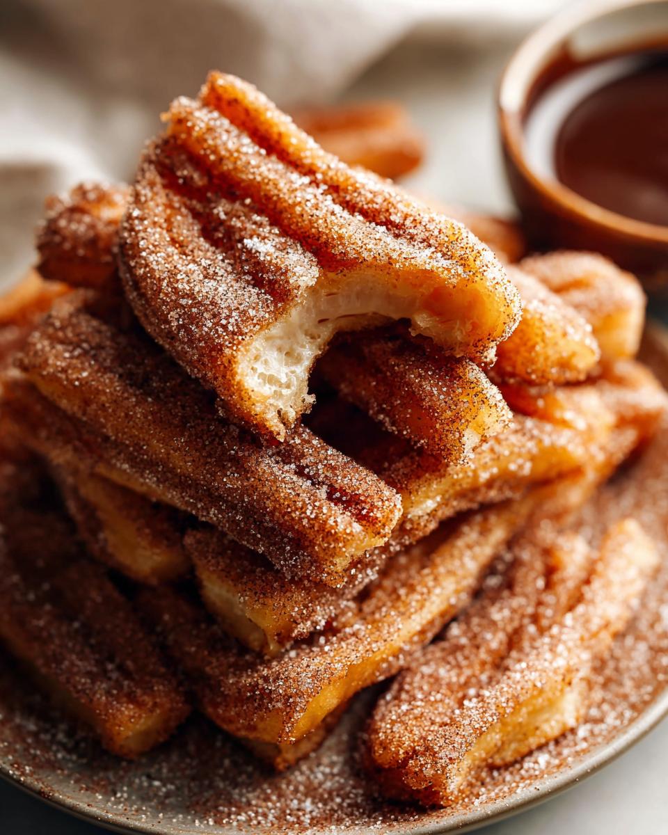 A close-up of a stack of Irresistible Spanish Churro Pancakes, coated in cinnamon sugar, with a bite taken out of one.