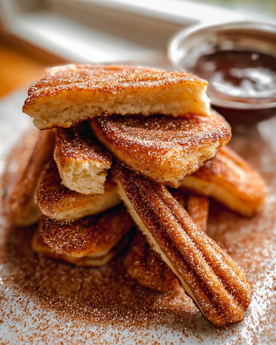 A stack of Irresistible Spanish Churro Pancakes, dusted with cinnamon sugar, with a side of chocolate sauce.