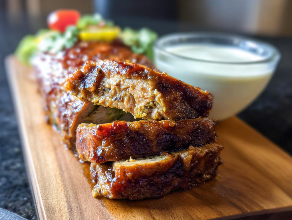 A close-up of a sliced Juicy Garlic Parmesan Chicken Meatloaf on a wooden board with a side of sauce.