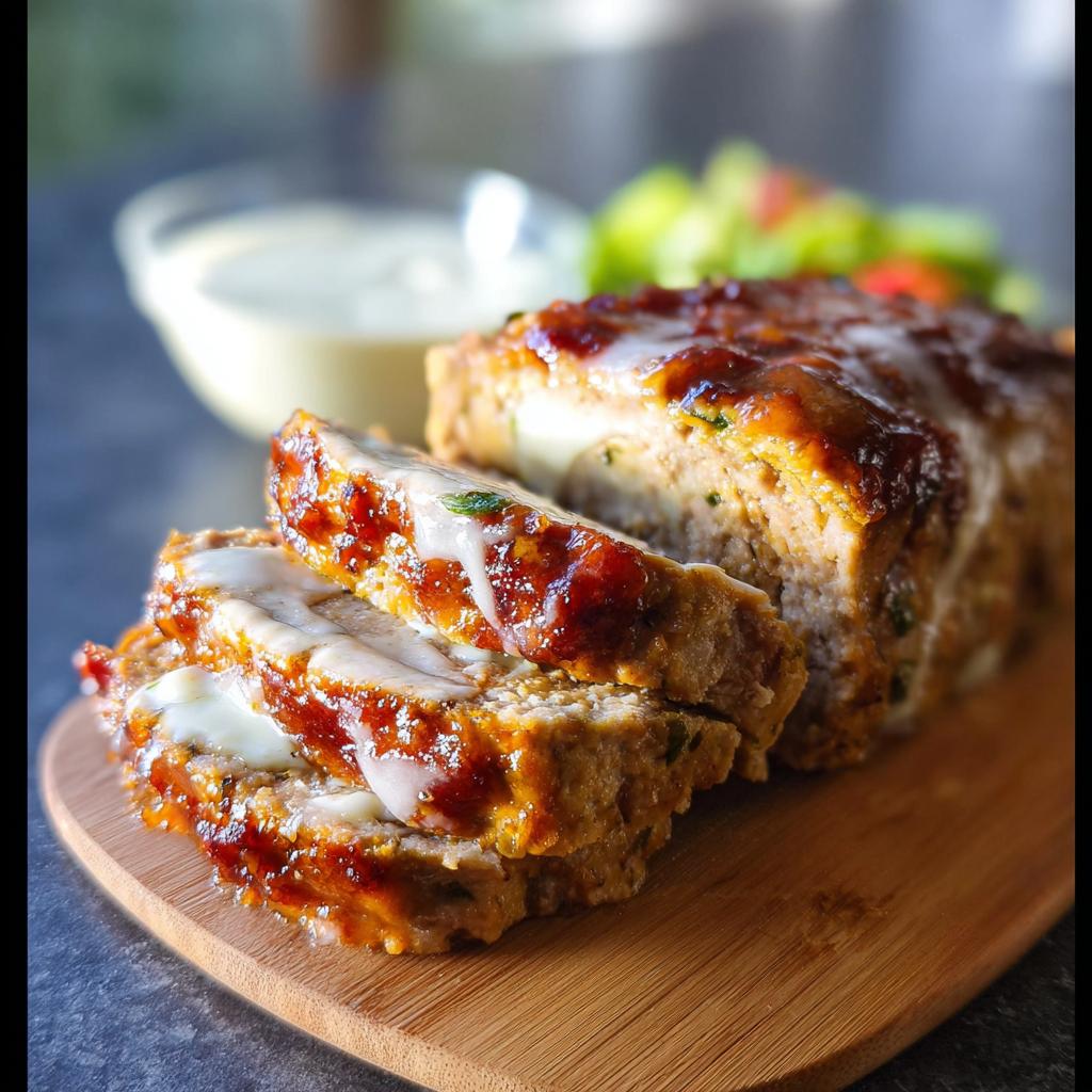 Close-up of sliced Juicy Garlic Parmesan Chicken Meatloaf with a glaze and melted cheese.