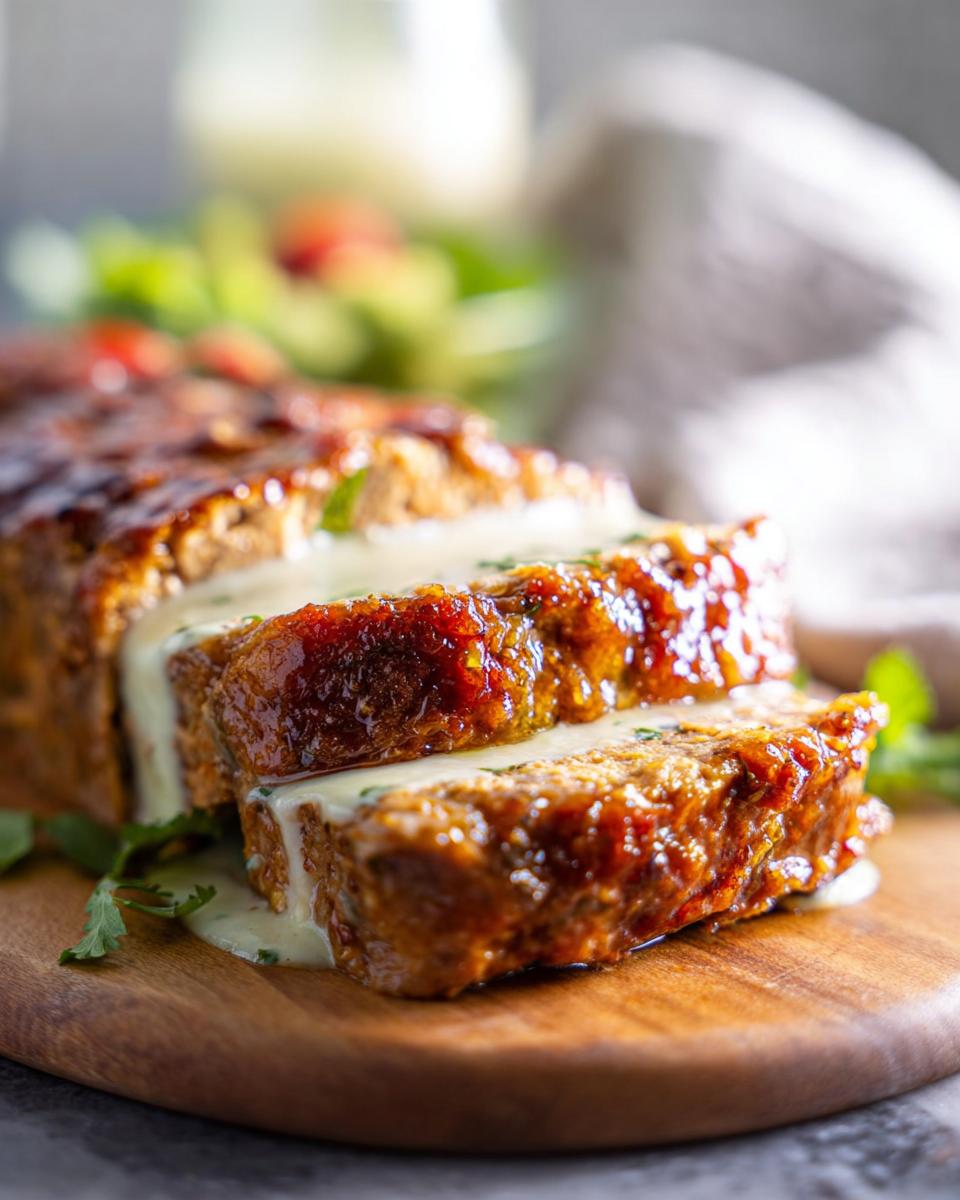 Close-up of sliced Juicy Garlic Parmesan Chicken Meatloaf, drizzled with sauce and garnished with herbs.