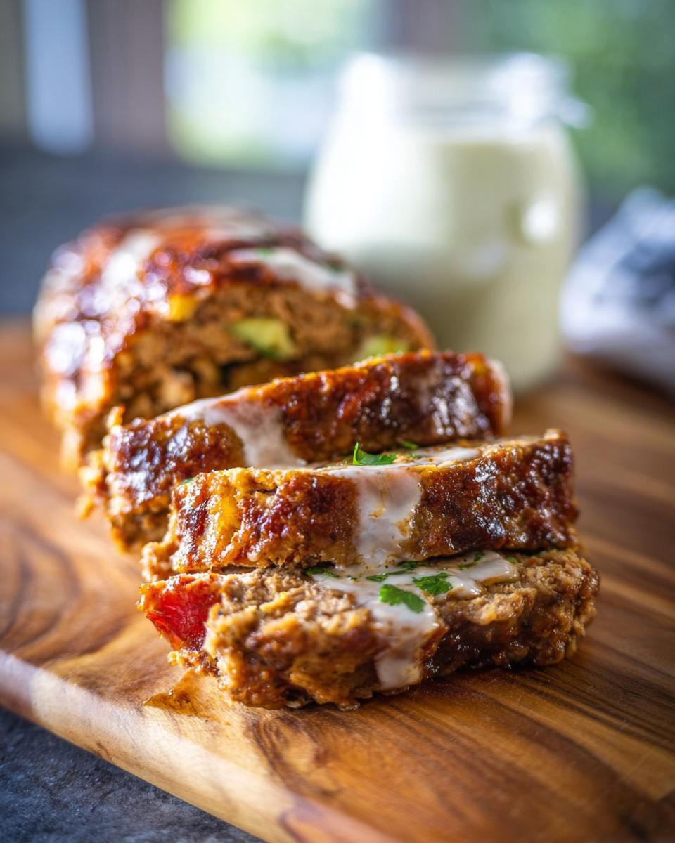 Close-up of sliced Juicy Garlic Parmesan Chicken Meatloaf drizzled with sauce and garnished with parsley.