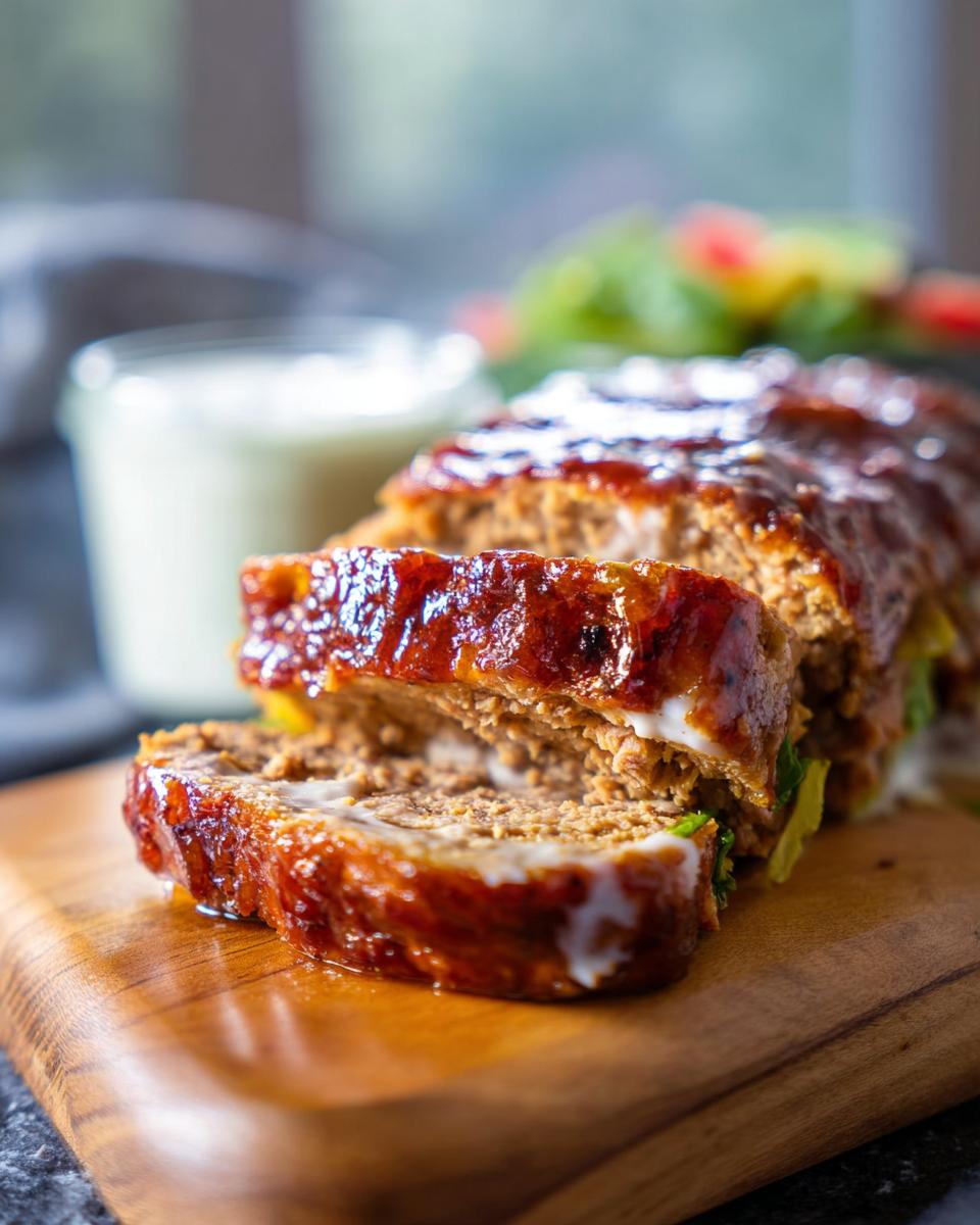 Close-up of sliced Juicy Garlic Parmesan Chicken Meatloaf with a glossy glaze on a wooden board.