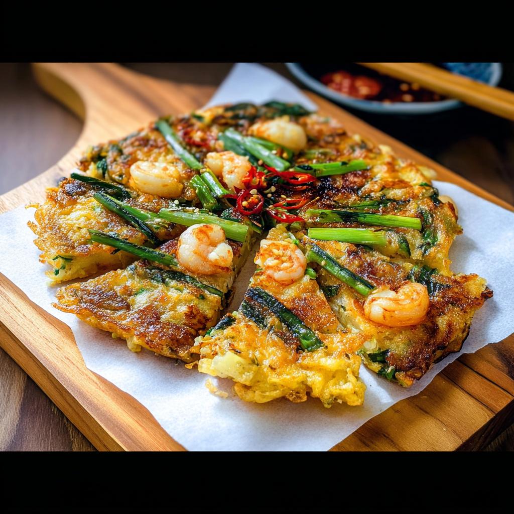 A close-up of a sliced Korean Pancake (Pajeon) topped with shrimp, green onions, and chili peppers.