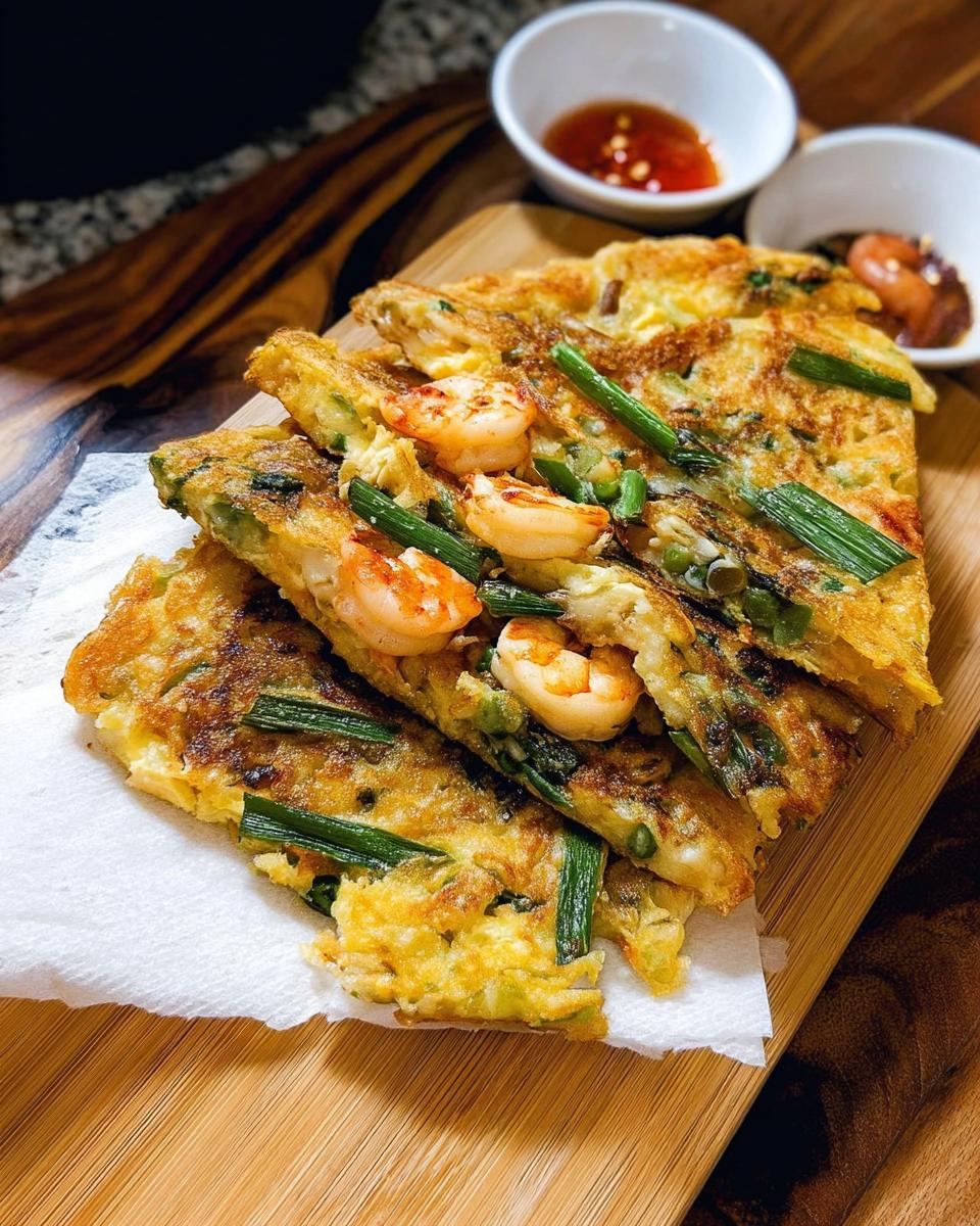 A stack of golden-brown Korean Pancakes (Pajeon) topped with plump shrimp and green onions, served with dipping sauce.