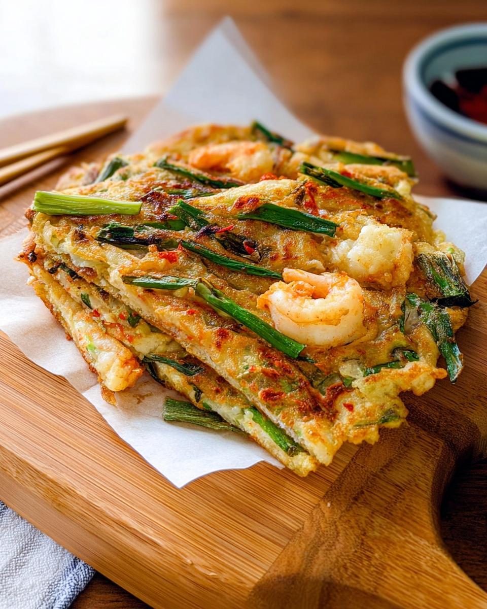 A stack of golden-brown Korean Pancakes (Pajeon) topped with shrimp and green onions, served on a wooden board.