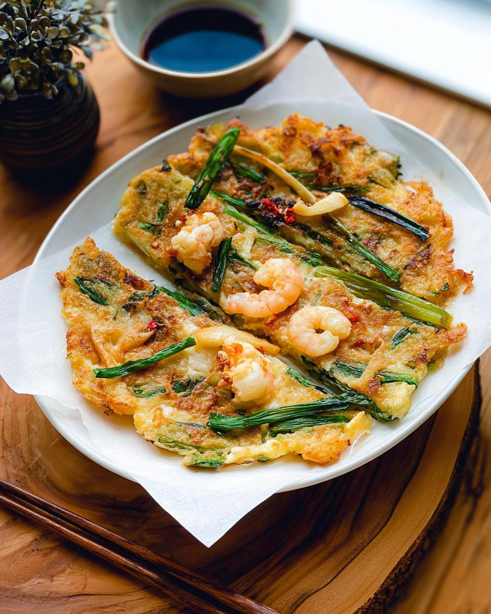 A close-up of golden-brown Korean Pancakes (Pajeon) topped with shrimp and green onions, served on a white plate with soy sauce.