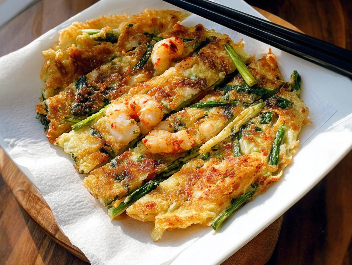 A close-up view of golden-brown Korean Pancakes (Pajeon) topped with succulent shrimp and green onions.