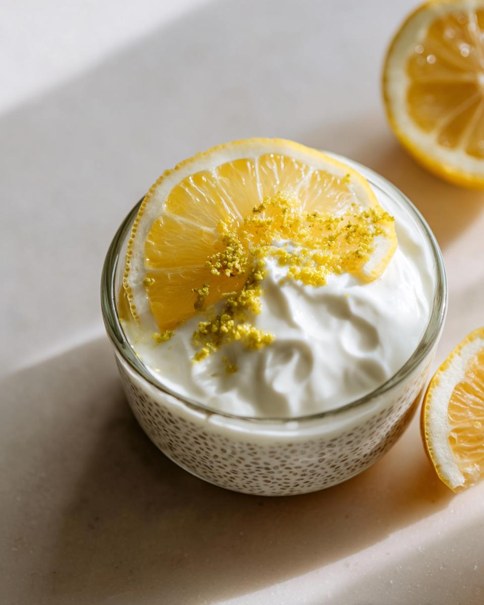 A close-up of a glass bowl filled with Lemon Cream Chia Pudding, topped with whipped cream, a lemon slice, and zest.