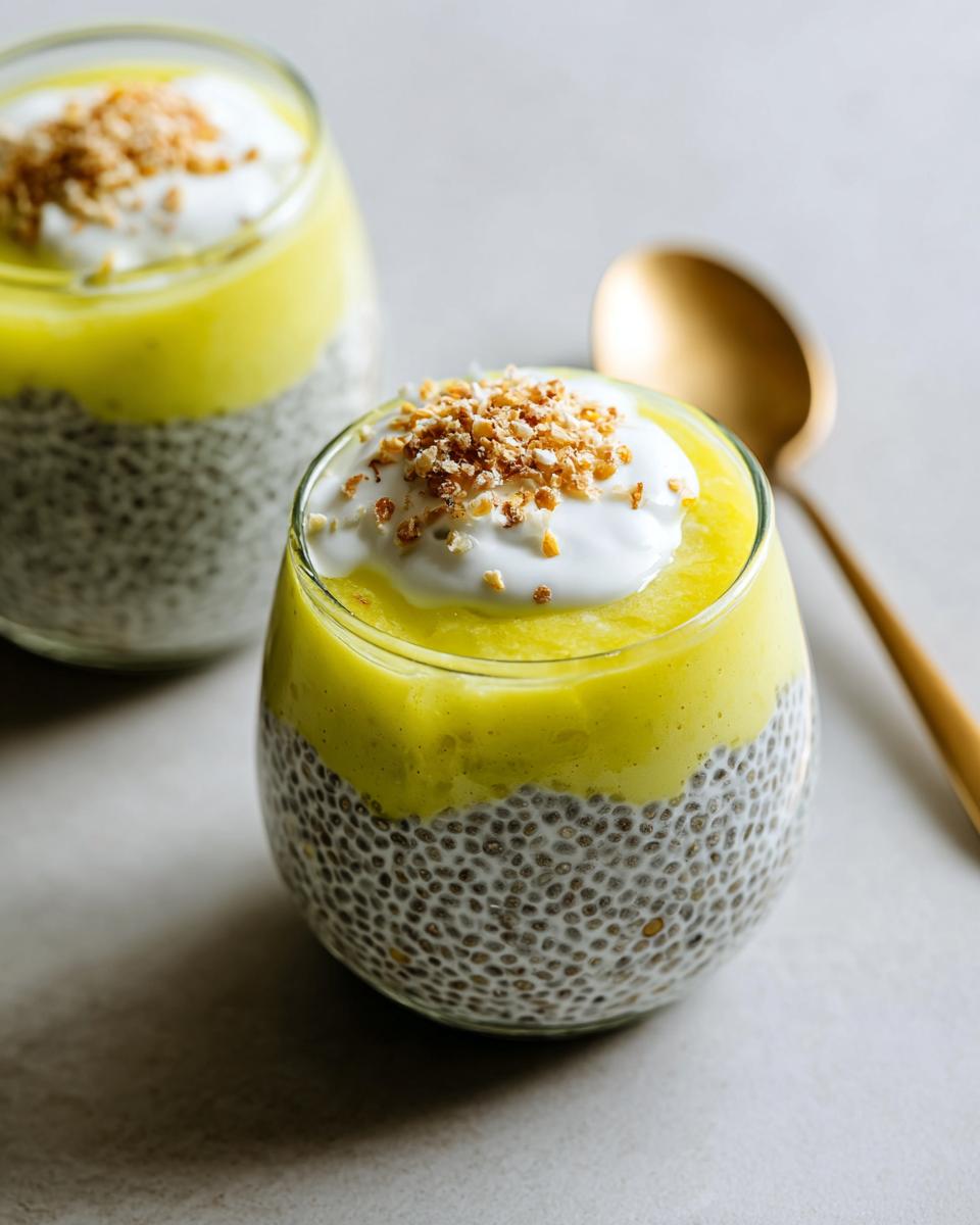 A close-up of a glass filled with Lemon Cream Chia Pudding, topped with cream and nuts.