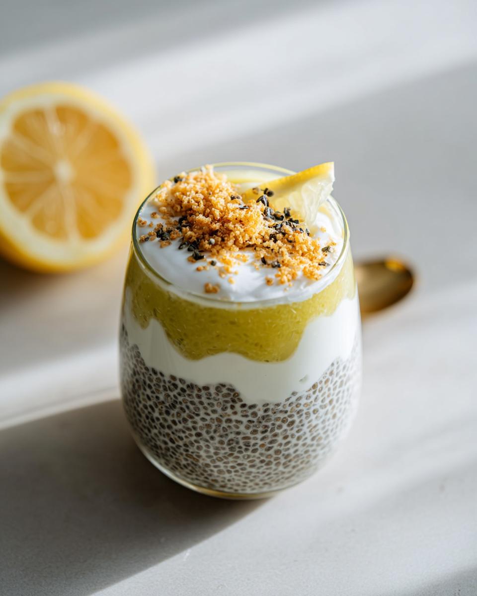 A refreshing glass of Lemon Cream Chia Pudding layered with yogurt and topped with crumble and a lemon slice.
