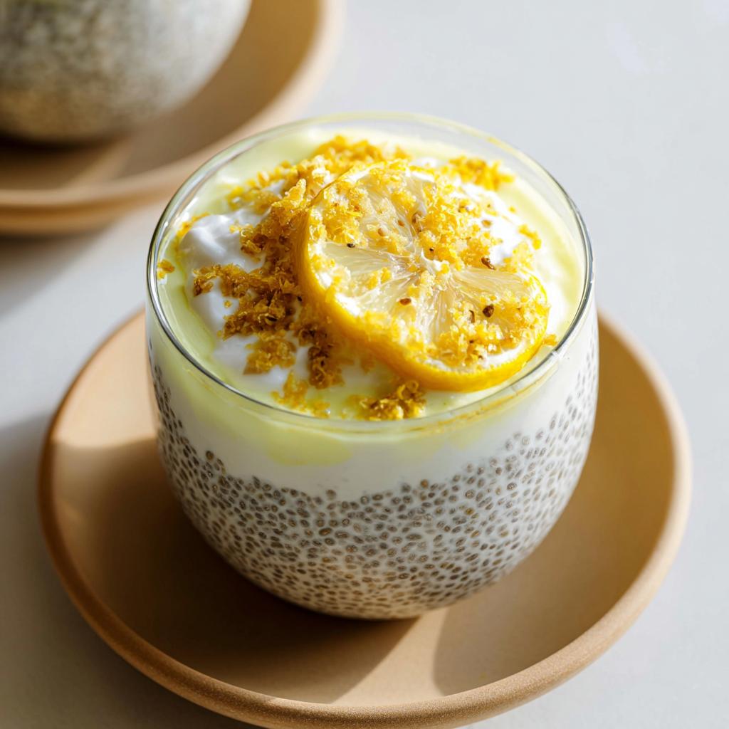 A refreshing glass of Lemon Cream Chia Pudding topped with yogurt, lemon slice, and zest.