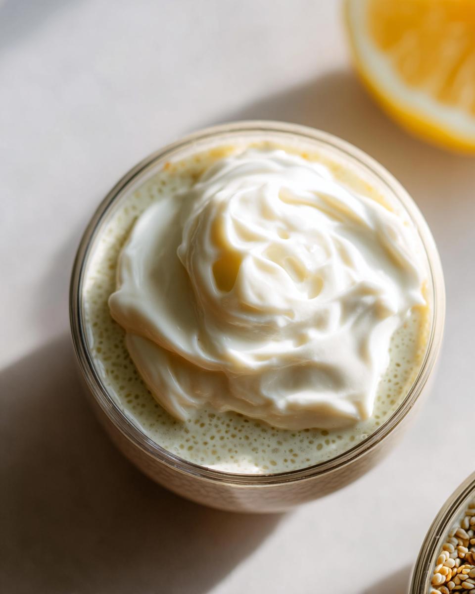 A close-up of a glass jar filled with creamy Lemon Cream Chia Pudding topped with whipped cream.