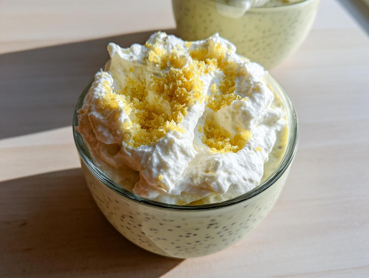 A close-up of a glass bowl filled with Lemon Cream Chia Pudding, topped with whipped cream and lemon zest.