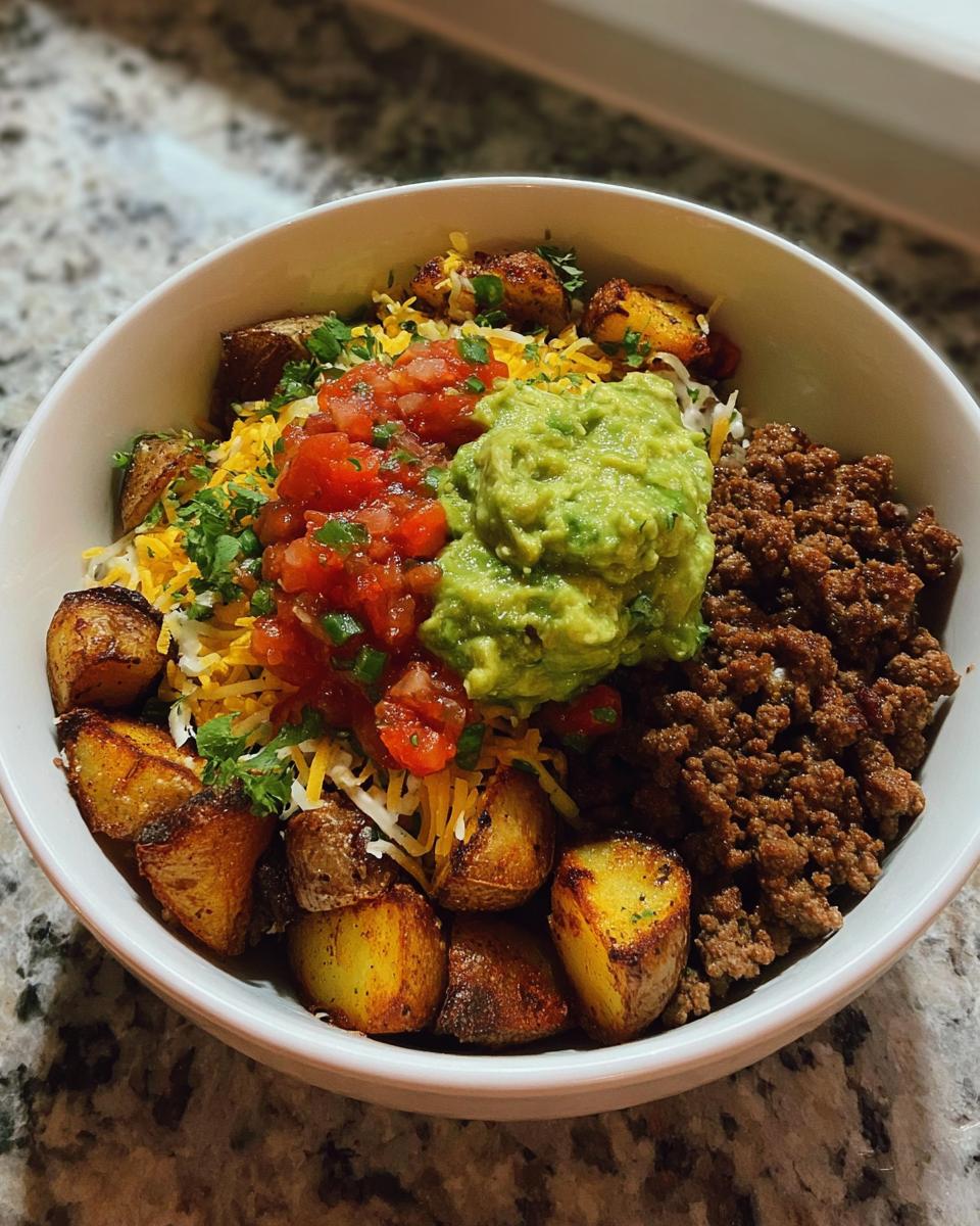 A close-up of a Loaded Potato Taco Bowl filled with seasoned ground beef, crispy roasted potatoes, shredded cheese, pico de gallo, and guacamole.