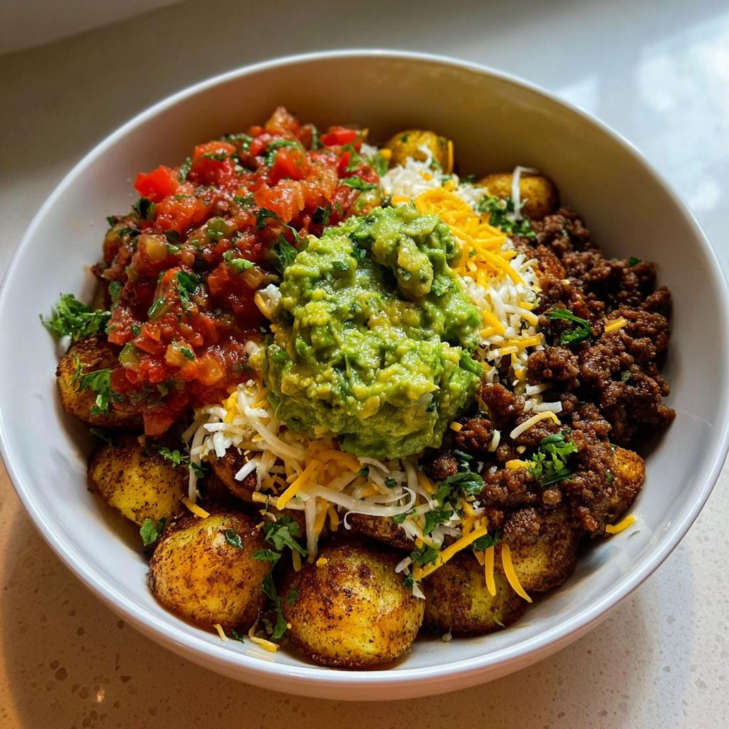 A delicious Loaded Potato Taco Bowl filled with seasoned potatoes, ground meat, cheese, guacamole, and salsa.
