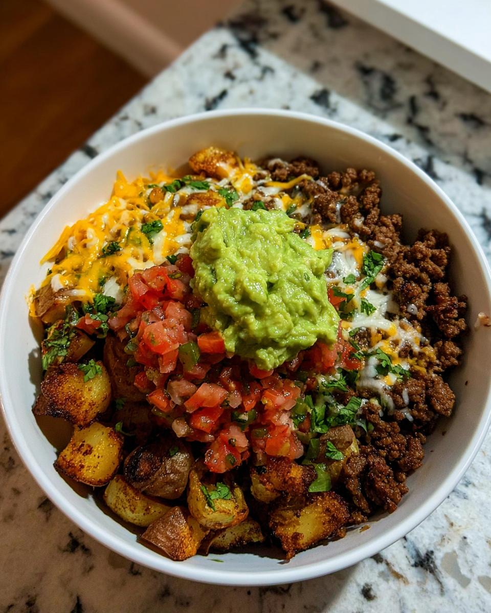 A close-up of a Loaded Potato Taco Bowl featuring crispy potatoes, seasoned ground beef, melted cheese, pico de gallo, and guacamole.