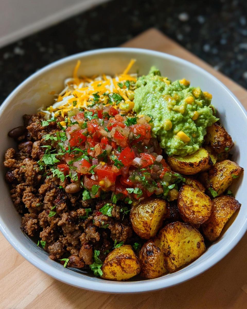 A delicious Loaded Potato Taco Bowl featuring seasoned ground beef, roasted potatoes, pico de gallo, guacamole, corn, and shredded cheese.