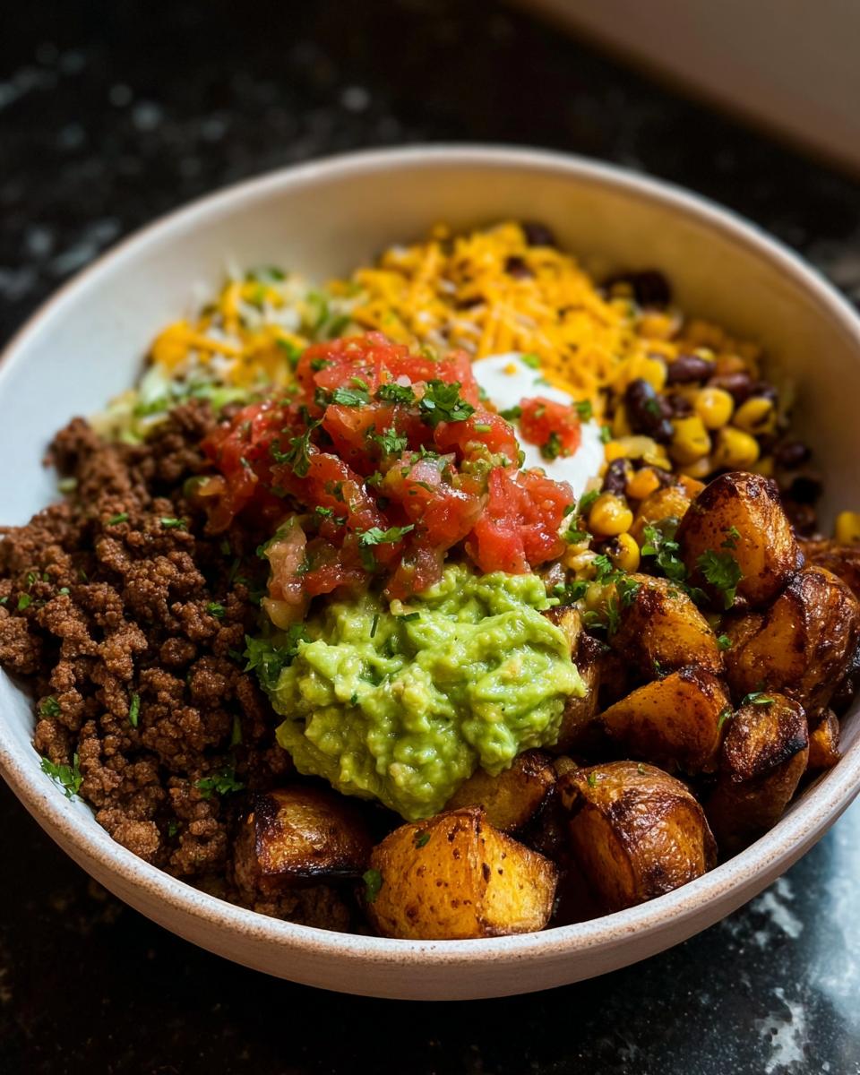 A delicious Loaded Potato Taco Bowl filled with seasoned ground beef, roasted potatoes, guacamole, salsa, cheese, corn, and beans.