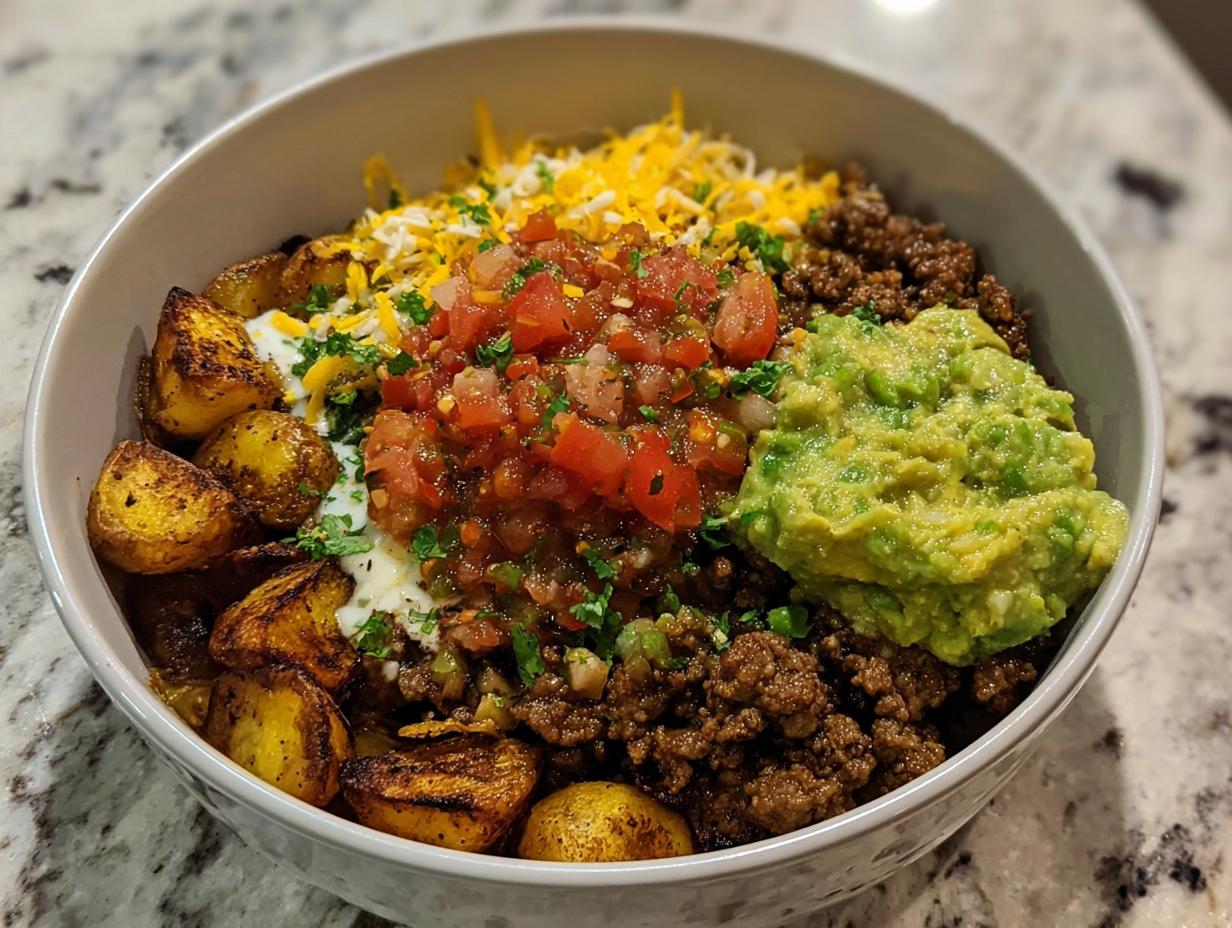 A delicious Loaded Potato Taco Bowl filled with crispy potatoes, seasoned ground beef, pico de gallo, guacamole, cheese, and sour cream.