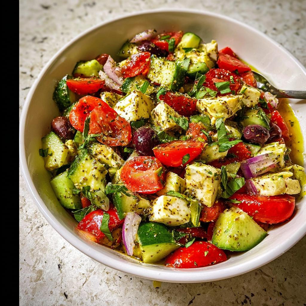 A vibrant bowl of Simple & Zesty Mediterranean Avocado Egg Salad with tomatoes, cucumbers, feta, and olives.